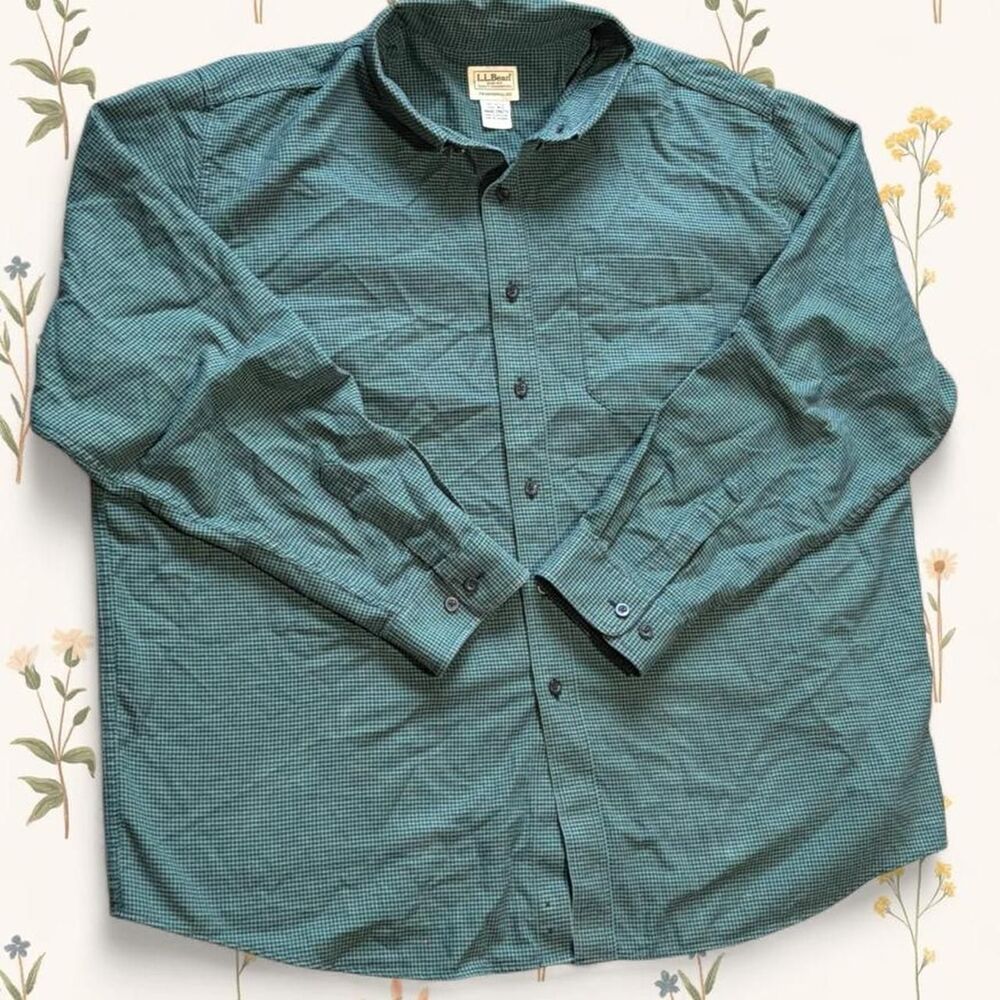 L.L. Bean Vintage Green Houndstooth Flannel Button Up Shirt